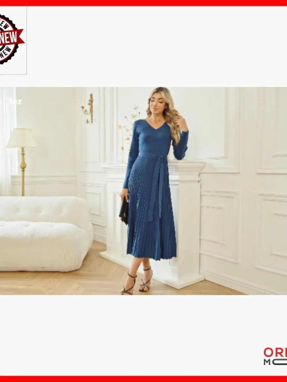 Wool Blend Tie Waist Pleated Sweater Dress Long Sleeve V Neck A Line